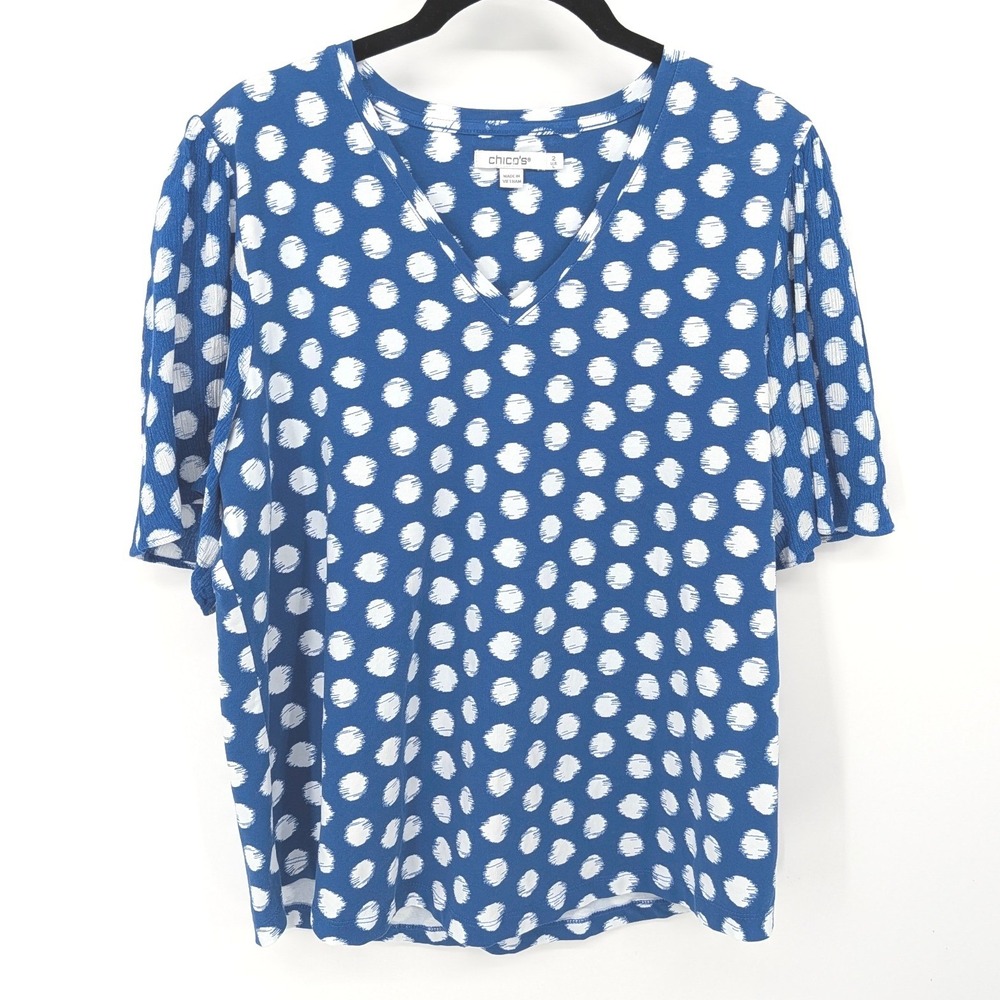 Chicos V Neck Top Women Large Blue White Polka Dot Flutter Sleeve Mixed‎ Media
